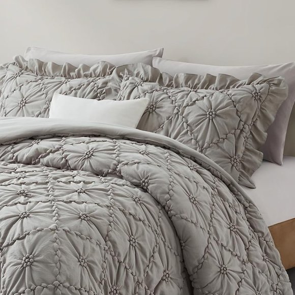 King Size Bed Comforter Set Gray Ruffle Grey Shabby Cottage Chic Pinch Bedding - Picture 2 of 8